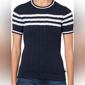 Tommy Hilfiger Navy and White Striped Cable Knit Short Sleeve Top